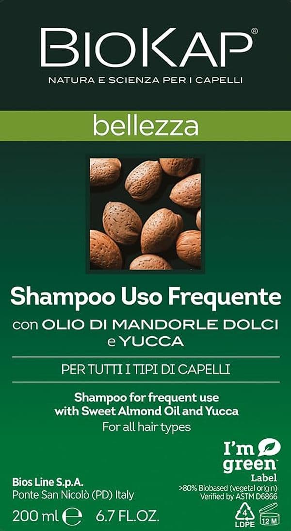 BIOKAP Shampoo idratante Uso Frequente, con Olio di Mandorle Dolci e Yucca Adatto a tutti i tipi di capellI, Rende i capelli luminosi, 200 ml - Naturopatica shop & therapy