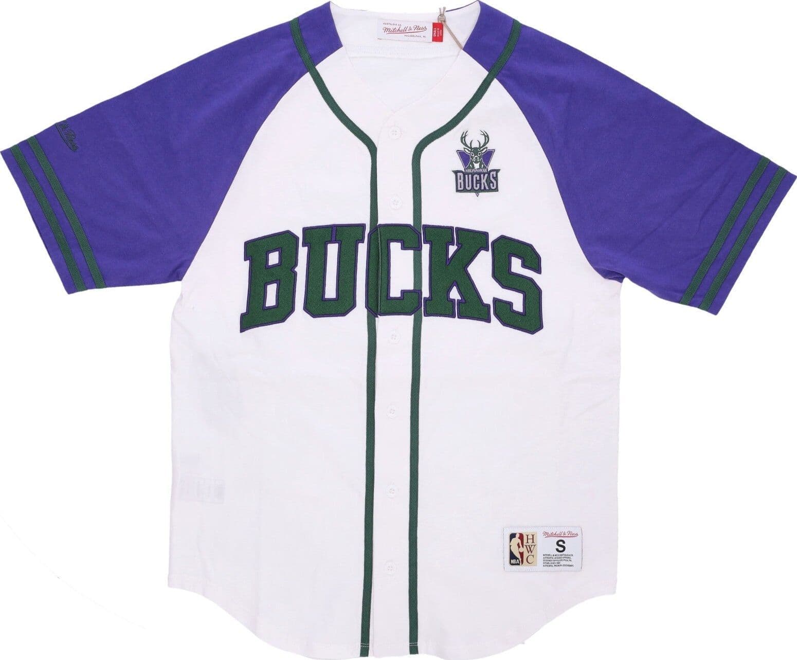 MITCHELL &amp; NESS Casacca Bottoni Uomo Nba Practice Day Button Front Jersey Hardwood Classics Milbuc White