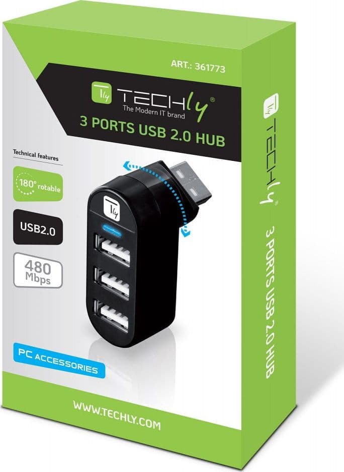 Techly Mini Hub Rotante con 3 Porte USB 2.0 Nero