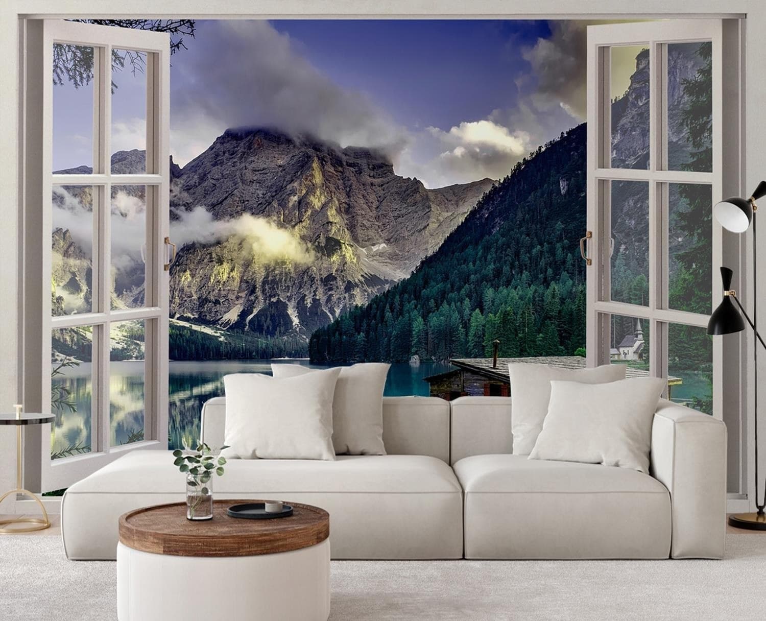 Carta Da Parati, Finestra vista lago in montagna natura in Carta da parati Collezione Casa - Trebisacce, commercioVirtuoso.it