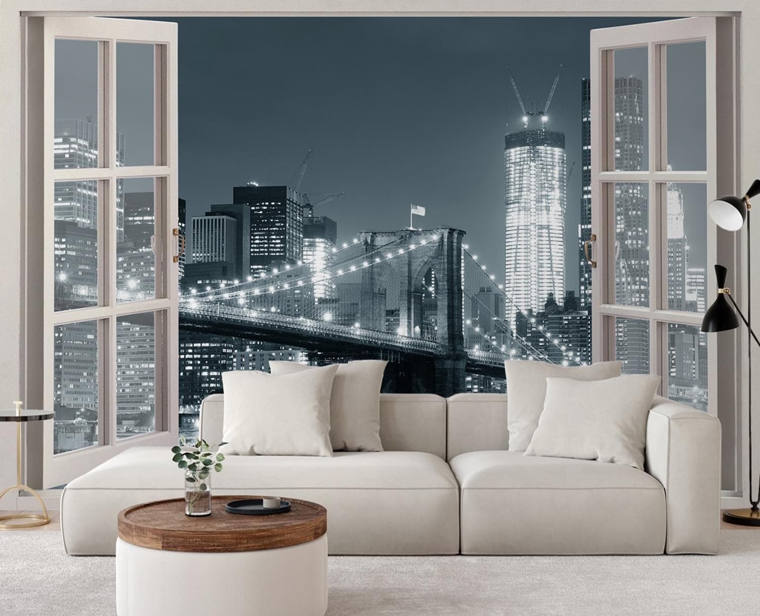 Carta Da Parati, Finestra vista New York City Ponte di Brooklyn bianco nero in Carta da parati Collezione Casa - Trebisacce, commercioVirtuoso.it
