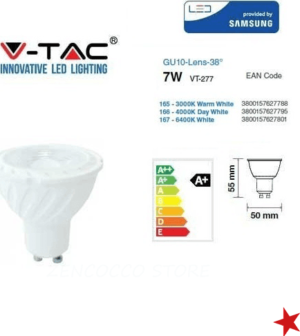 V-TAC PRO VT-277 LAMPADINA LED GU10 7W FARETTO SPOTLIGHT CHIP SAMSUNG 38° - SKU 165 / 166 / 167 in Lampadine a LED Zencoccostore - Formia, commercioVirtuoso.it