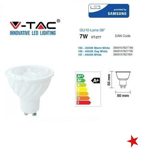 V-TAC PRO VT-277 LAMPADINA LED GU10 7W FARETTO SPOTLIGHT CHIP SAMSUNG 38° - SKU 165 / 166 / 167 in Lampadine a LED Zencoccostore - Formia, commercioVirtuoso.it