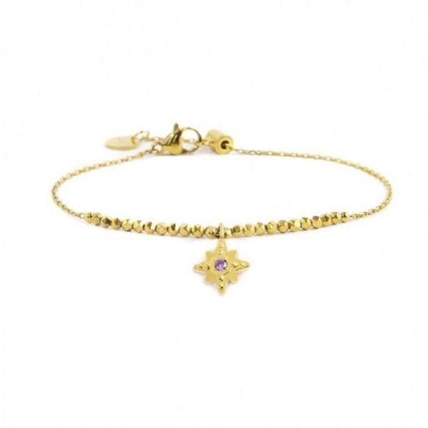 Marlù - BRACCIALE ROSA DEI VENTI PENDENTE CON CRISTALLO VIOLA ED EMATITE SFACCETTATA PVD ORO