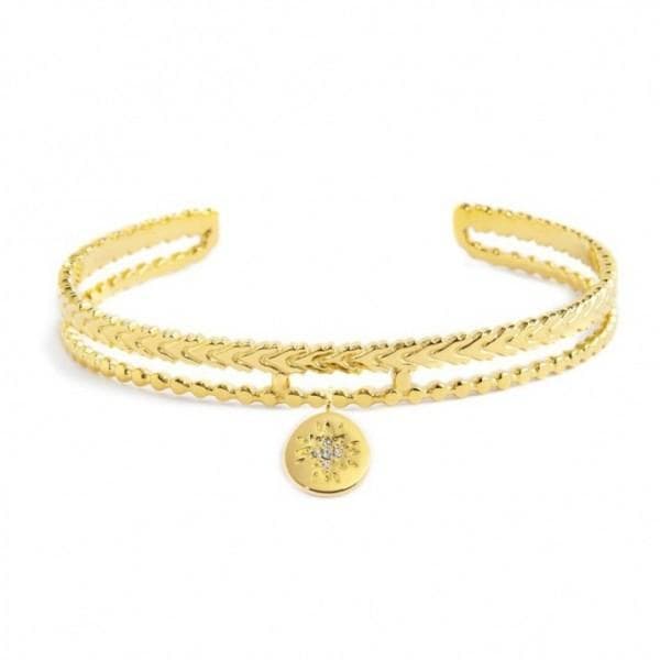Marlù - BRACCIALE RIGIDO MEDAGLIETTA PENDENTE ROSA DEI VENTI CON STRASS BIANCHI PVD ORO