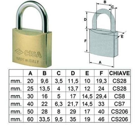 CISA -- LUCCHETTO OTTONE ARCO NORMALE 22010 - mm.25 - FER 64262 in prodotto EuroStore07 - Alatri, commercioVirtuoso.it