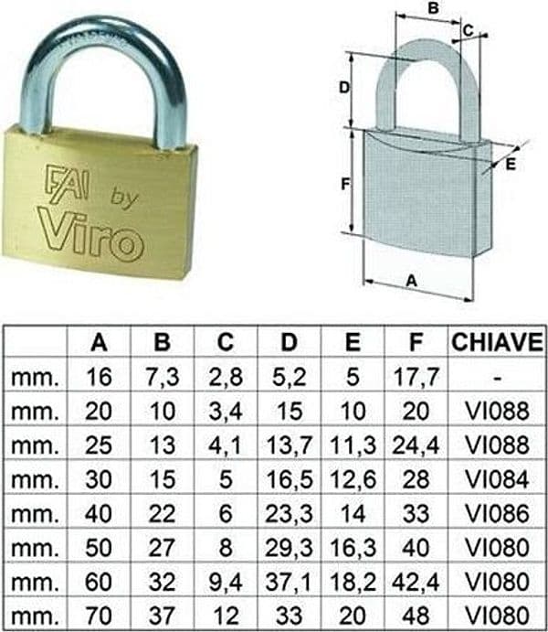 LUCCHETTO ARCO NORMALE FAI BY VIRO mm.60 FER 185882 in prodotto EuroStore07 - Alatri, commercioVirtuoso.it