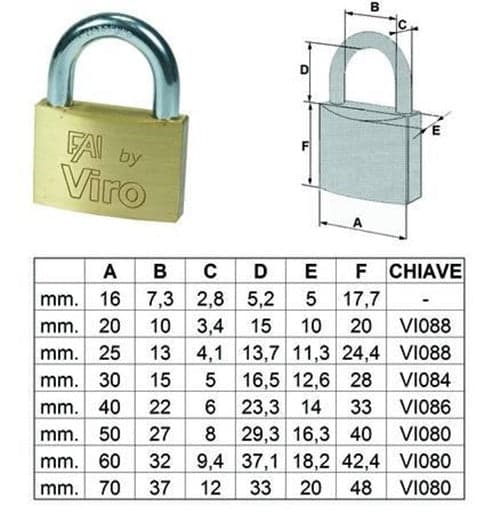 LUCCHETTO ARCO NORMALE FAI BY VIRO mm.60 FER 185882 in prodotto EuroStore07 - Alatri, commercioVirtuoso.it