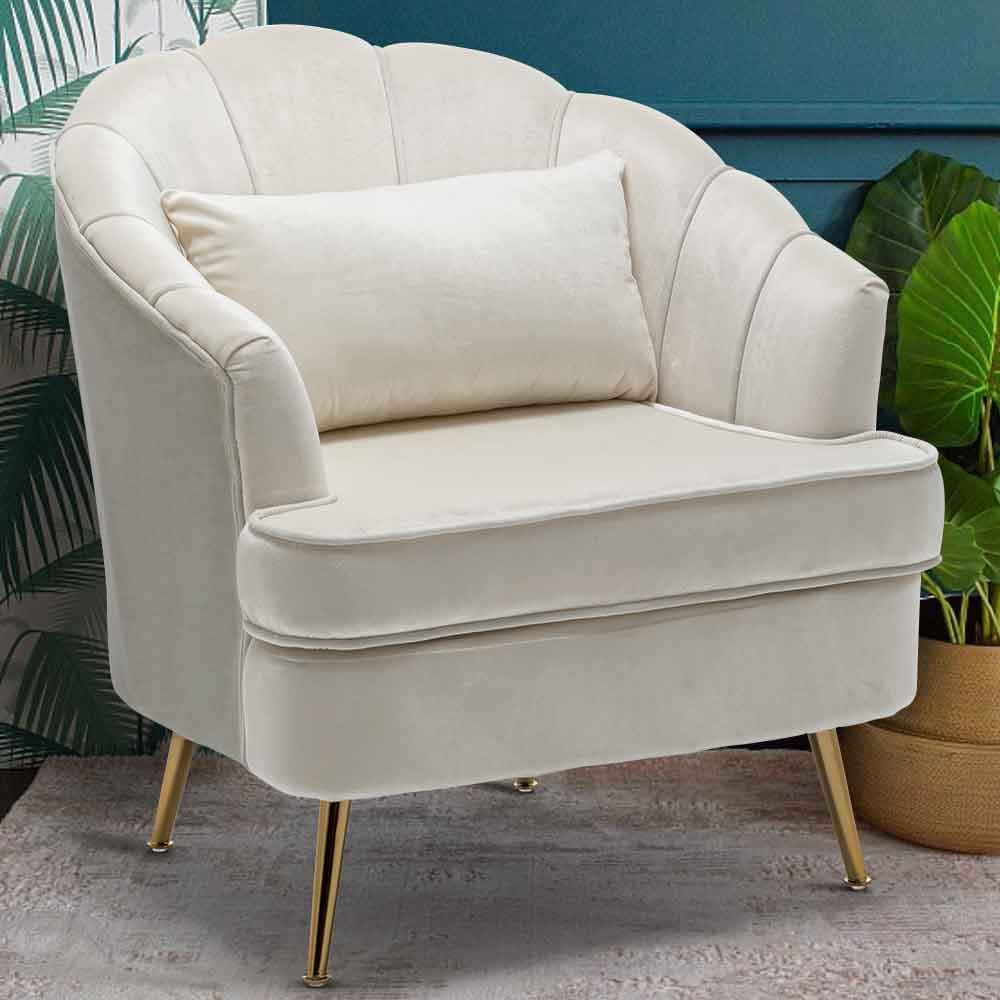 Poltrona Sedia Relax in Tessuto e Metallo Imbottita Design Moderno Beige Oro