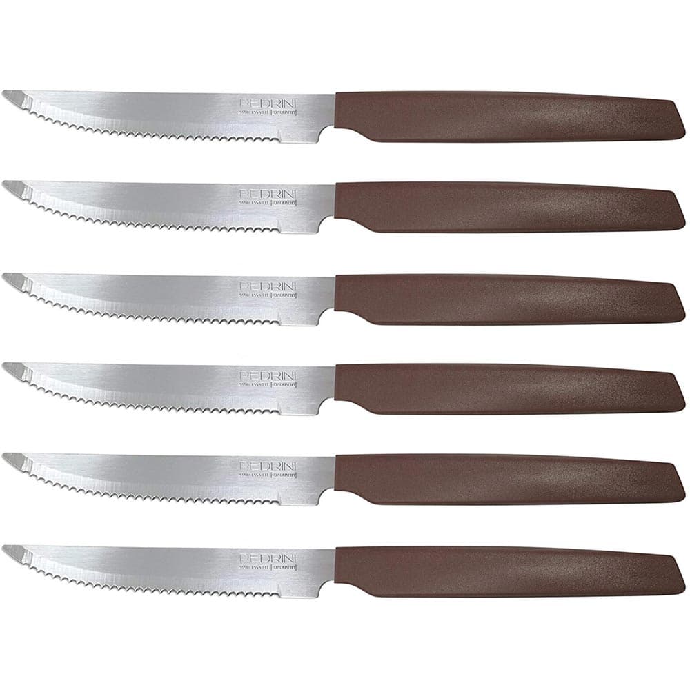 Set 6 Coltelli Cucina per Carne Bistecca Active Pedrini in Acciaio Inox Marrone