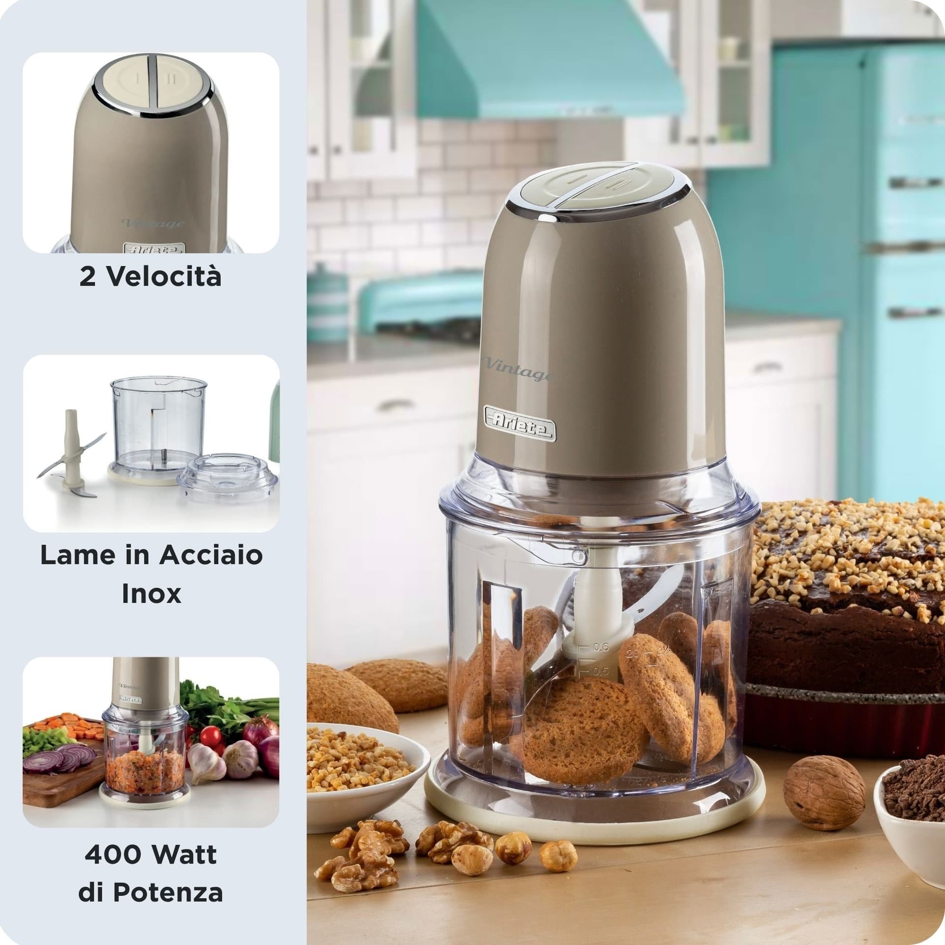 Ariete Tritatutto Verticale 0438 Vintage – 400W, 2 Velocità, 600ml, Lama in Acciaio, Design Iconico in Mini Robot da cucina Ecoprice.it - Avellino, commercioVirtuoso.it