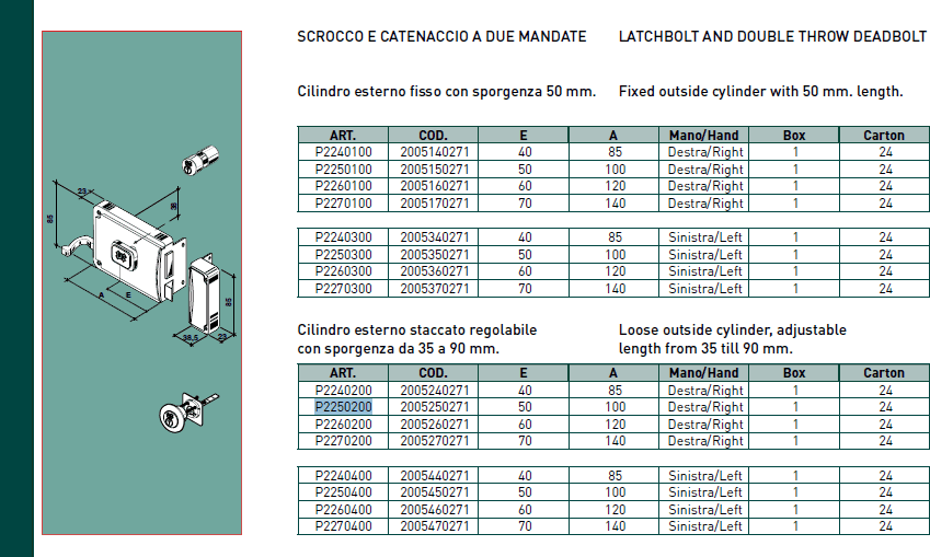 Facchinetti serratura corta a spingere destra 50mm con pomolo e cilindro staccato a 2 mandate in Cilindri delle serrature Aloiserw.com - Altomonte, commercioVirtuoso.it