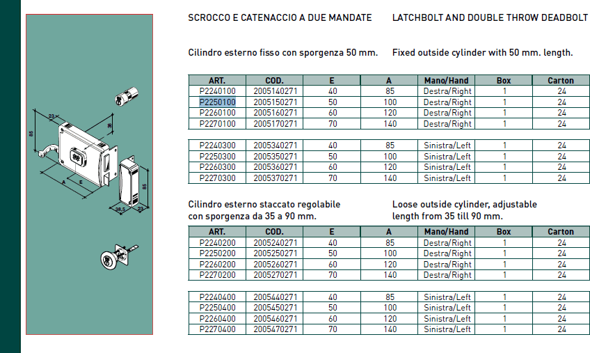 Facchinetti serratura corta a spingere destra 50mm con pomolo e cilindro fisso a 2 mandate in Cilindri delle serrature Aloiserw.com - Altomonte, commercioVirtuoso.it