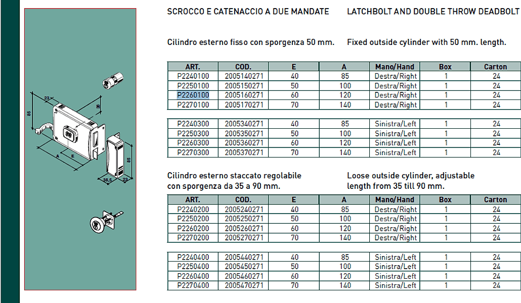 Facchinetti serratura corta a spingere destra 60mm con pomolo e cilindro fisso a 2 mandate in Cilindri delle serrature Aloiserw.com - Altomonte, commercioVirtuoso.it