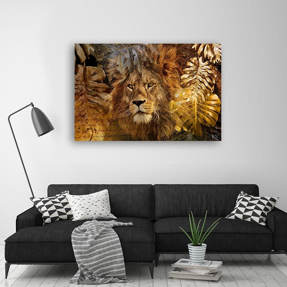 Quadro su tela, Leone e foglie dorate in Poster e stampe Collezione Casa - Trebisacce, commercioVirtuoso.it