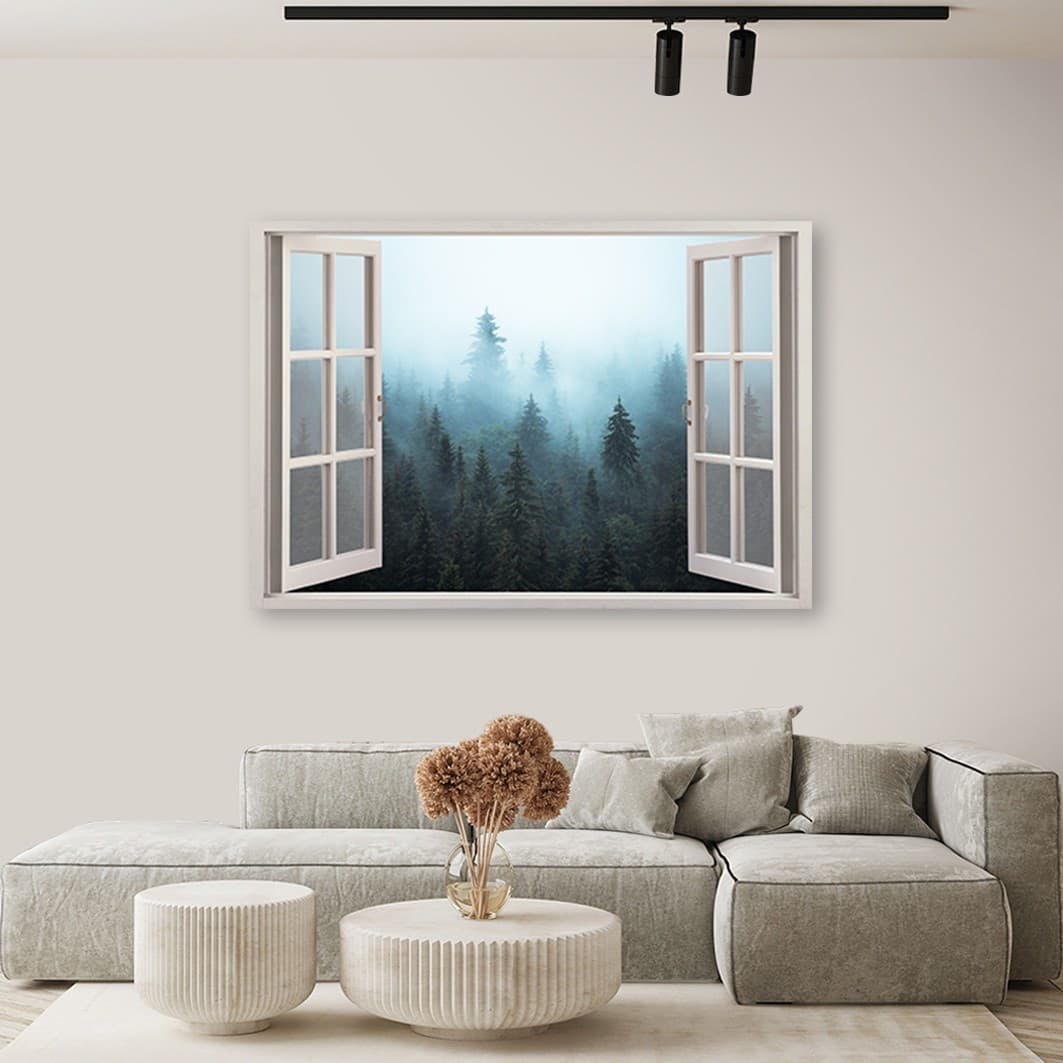 Quadro su tela, Visualizza finestra Foresta nella natura nebbia in Poster e stampe Collezione Casa - Trebisacce, commercioVirtuoso.it