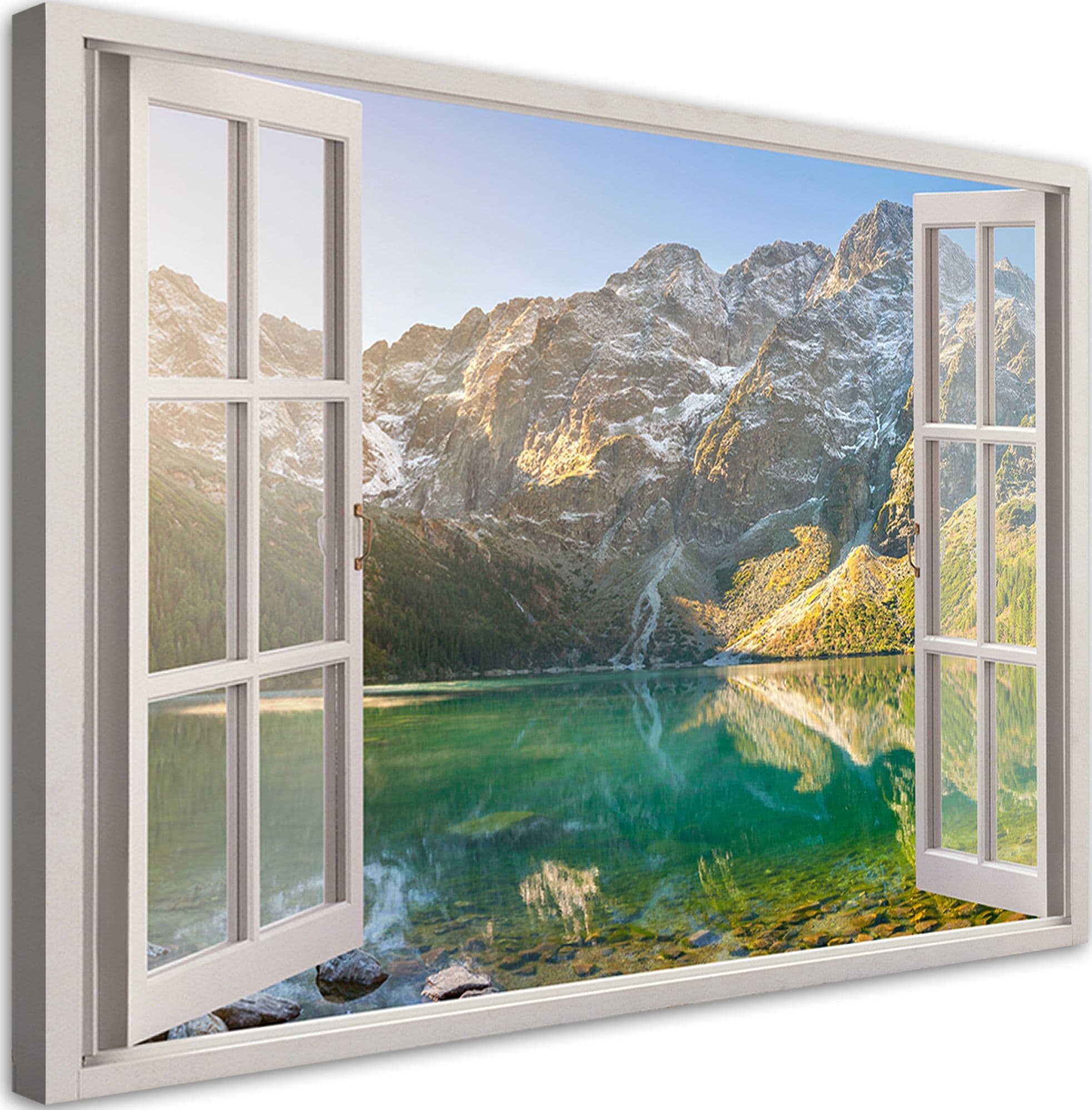Quadro su tela, Finestra del lago nelle montagne Natura in Poster e stampe Collezione Casa - Trebisacce, commercioVirtuoso.it