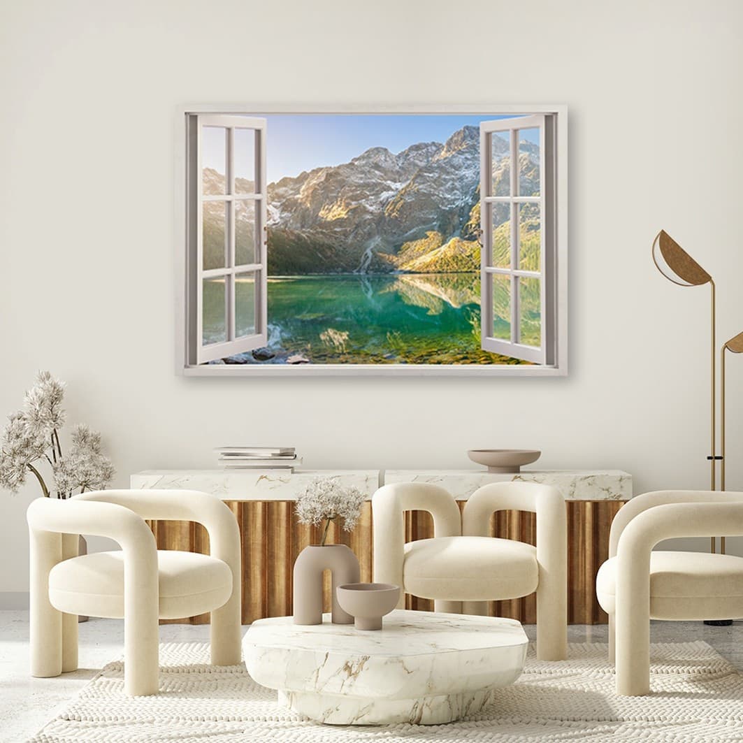 Quadro su tela, Finestra del lago nelle montagne Natura in Poster e stampe Collezione Casa - Trebisacce, commercioVirtuoso.it