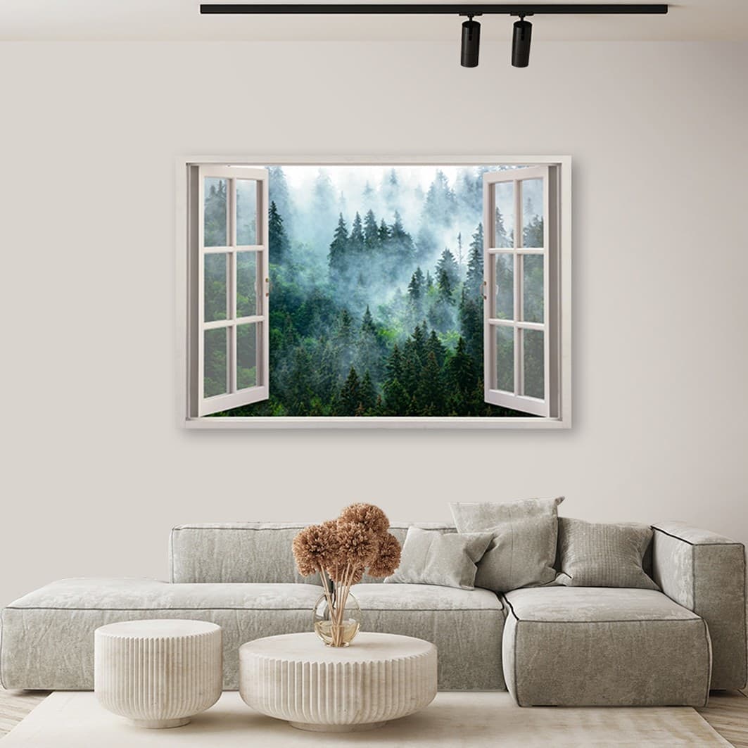 Quadro su tela, Finestra della foresta verde nella natura nebbia in Poster e stampe Collezione Casa - Trebisacce, commercioVirtuoso.it