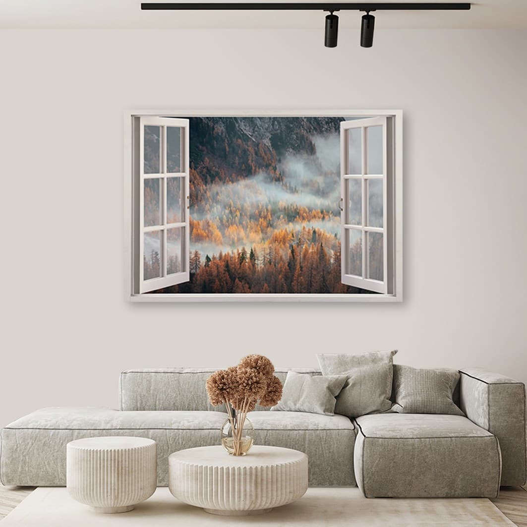 Quadro su tela, Finestra autunnale della nebbia in montagna in Poster e stampe Collezione Casa - Trebisacce, commercioVirtuoso.it