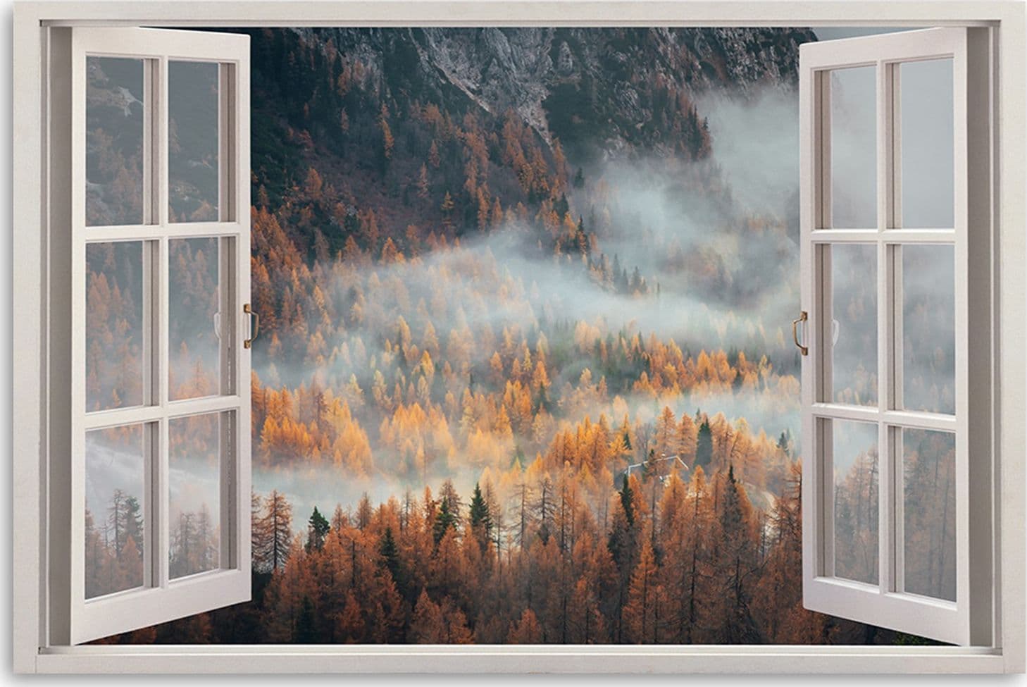 Quadro su tela, Finestra autunnale della nebbia in montagna in Poster e stampe Collezione Casa - Trebisacce, commercioVirtuoso.it