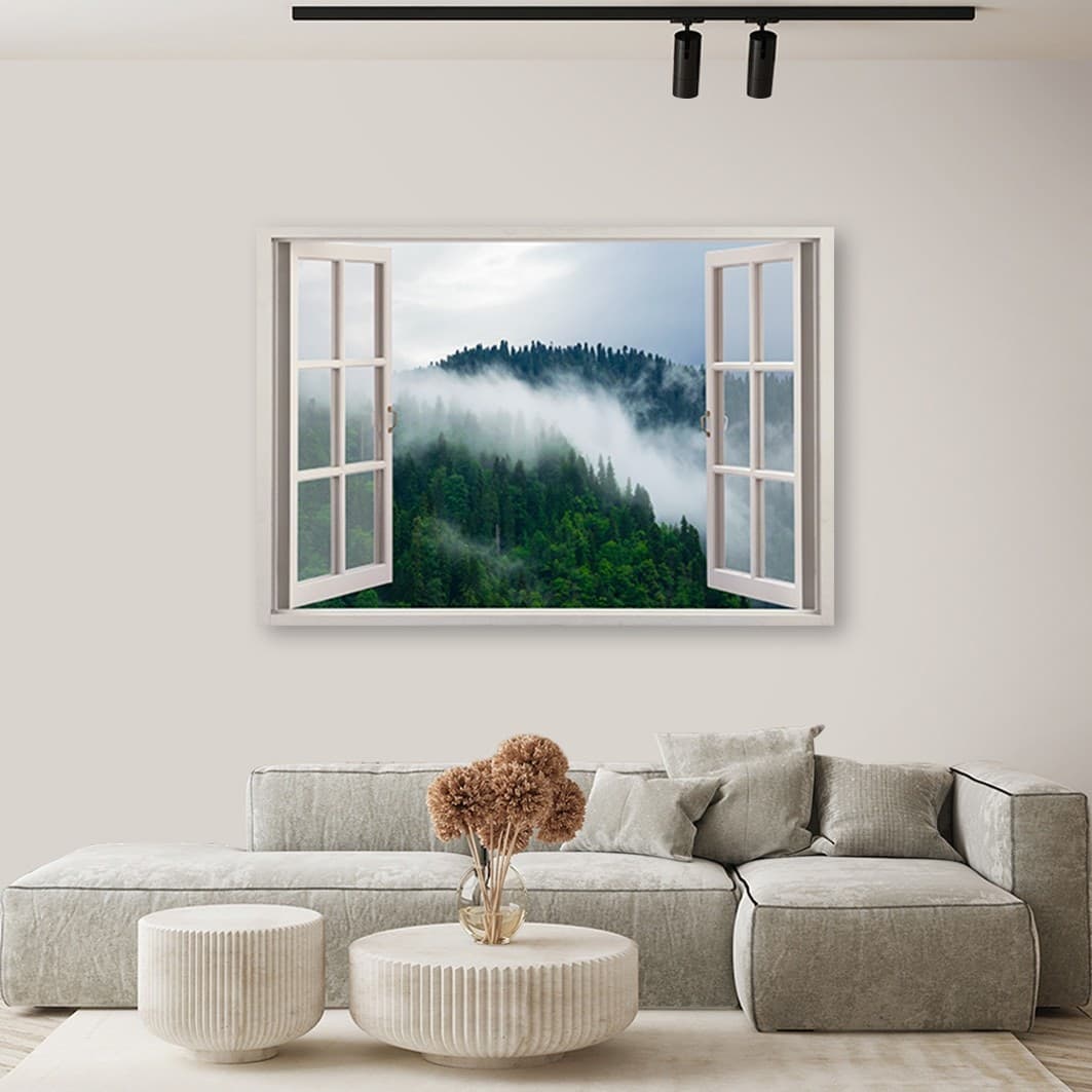 Quadro su tela Foresta nella nebbia vista dalla finestra in Poster e stampe Collezione Casa - Trebisacce, commercioVirtuoso.it