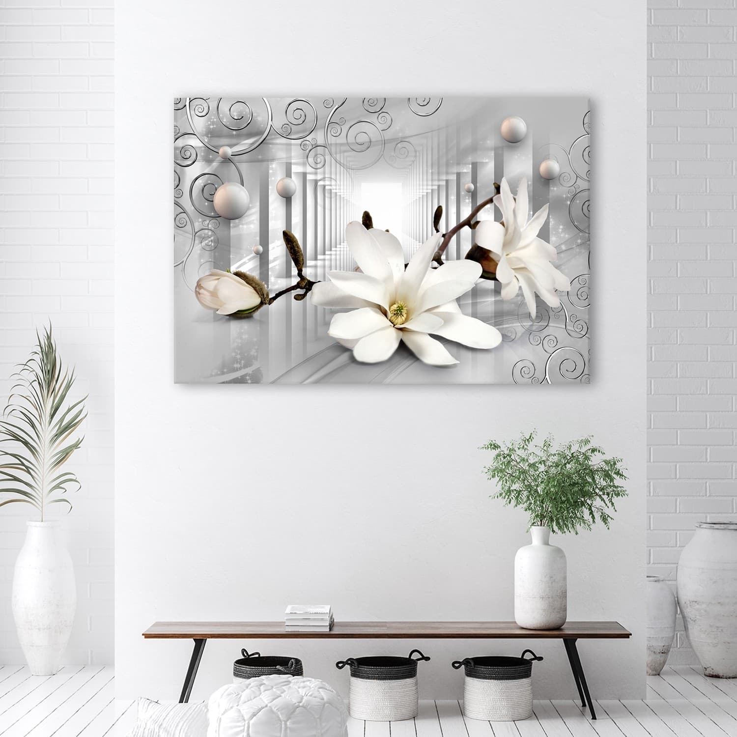 Quadro su tela, Fiori nel tunnel e palline 3D d'argento in Poster e stampe Collezione Casa - Trebisacce, commercioVirtuoso.it