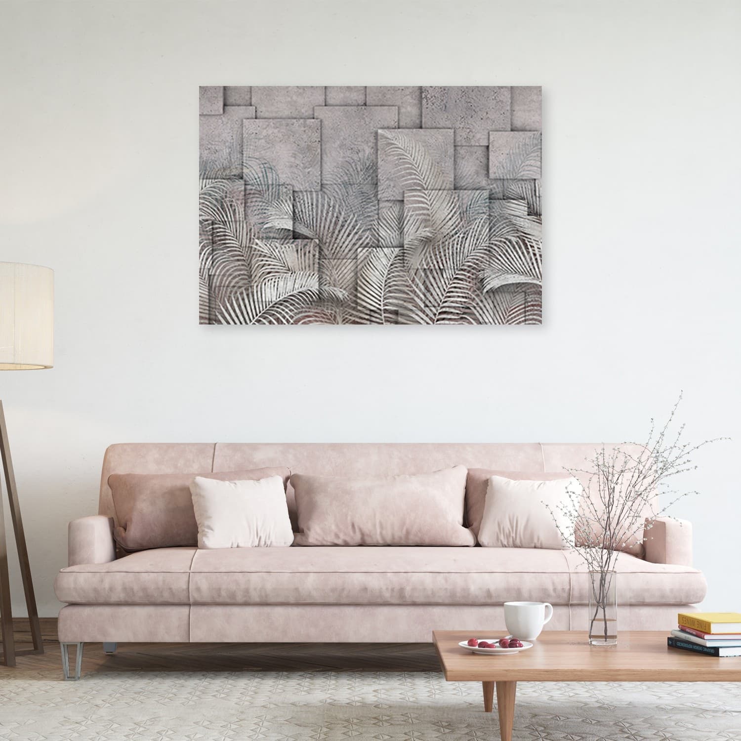 Quadro su tela, Foglie 3D sullo sfondo che imita il calcestruzzo in Poster e stampe Collezione Casa - Trebisacce, commercioVirtuoso.it