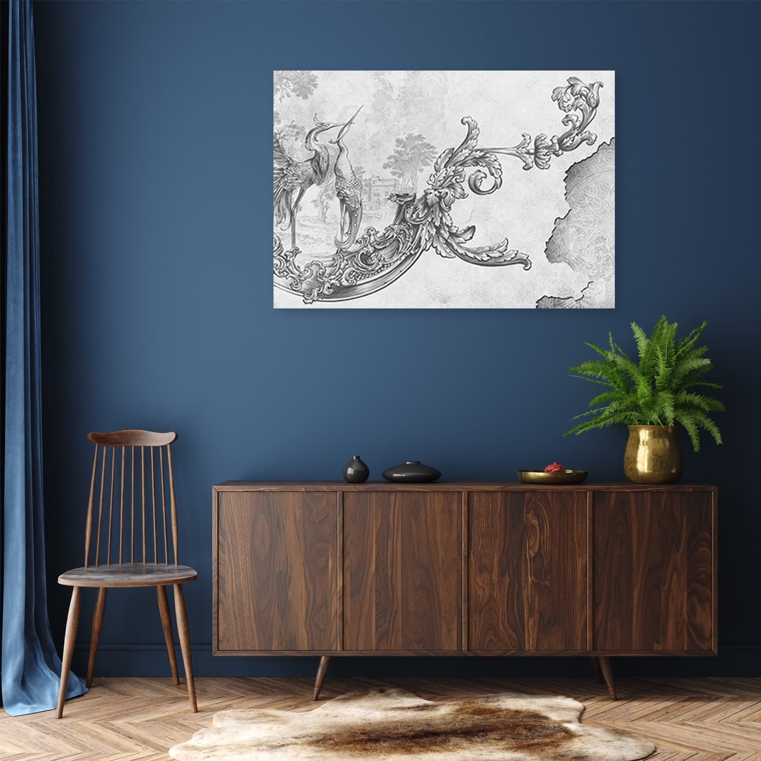Quadro su tela, Uccelli selvatici e foglie su un affresco orientale in Poster e stampe Collezione Casa - Trebisacce, commercioVirtuoso.it