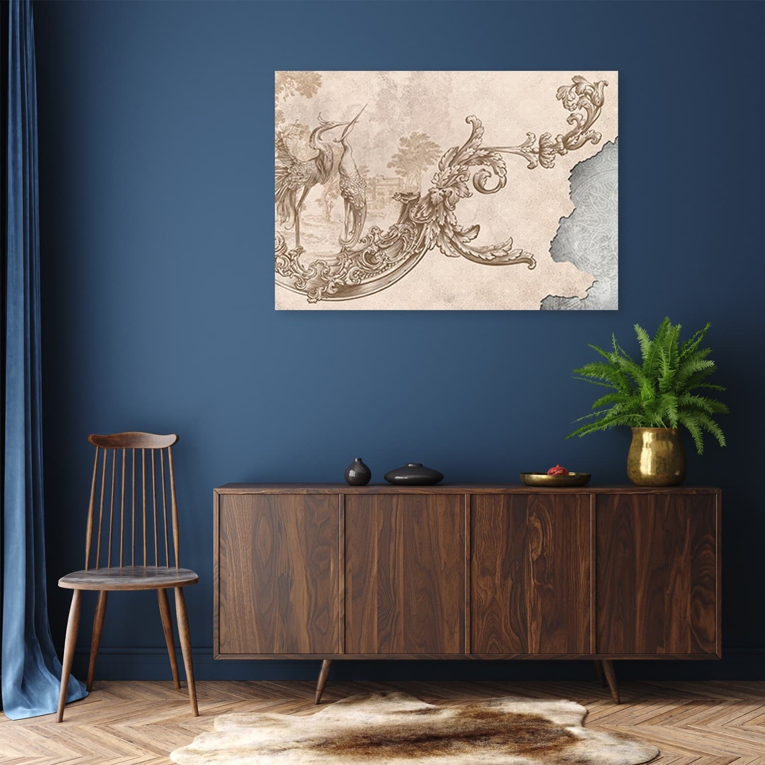 Quadro su tela, Uccelli selvatici e foglie su un affresco orientale in Poster e stampe Collezione Casa - Trebisacce, commercioVirtuoso.it