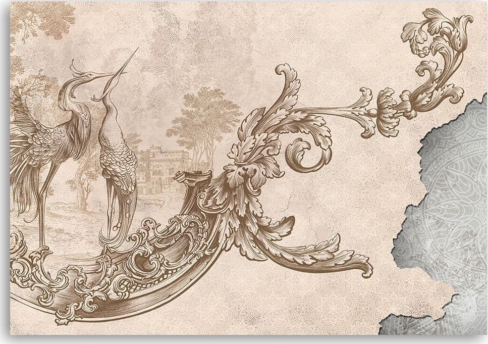 Quadro su tela, Uccelli selvatici e foglie su un affresco orientale in Poster e stampe Collezione Casa - Trebisacce, commercioVirtuoso.it