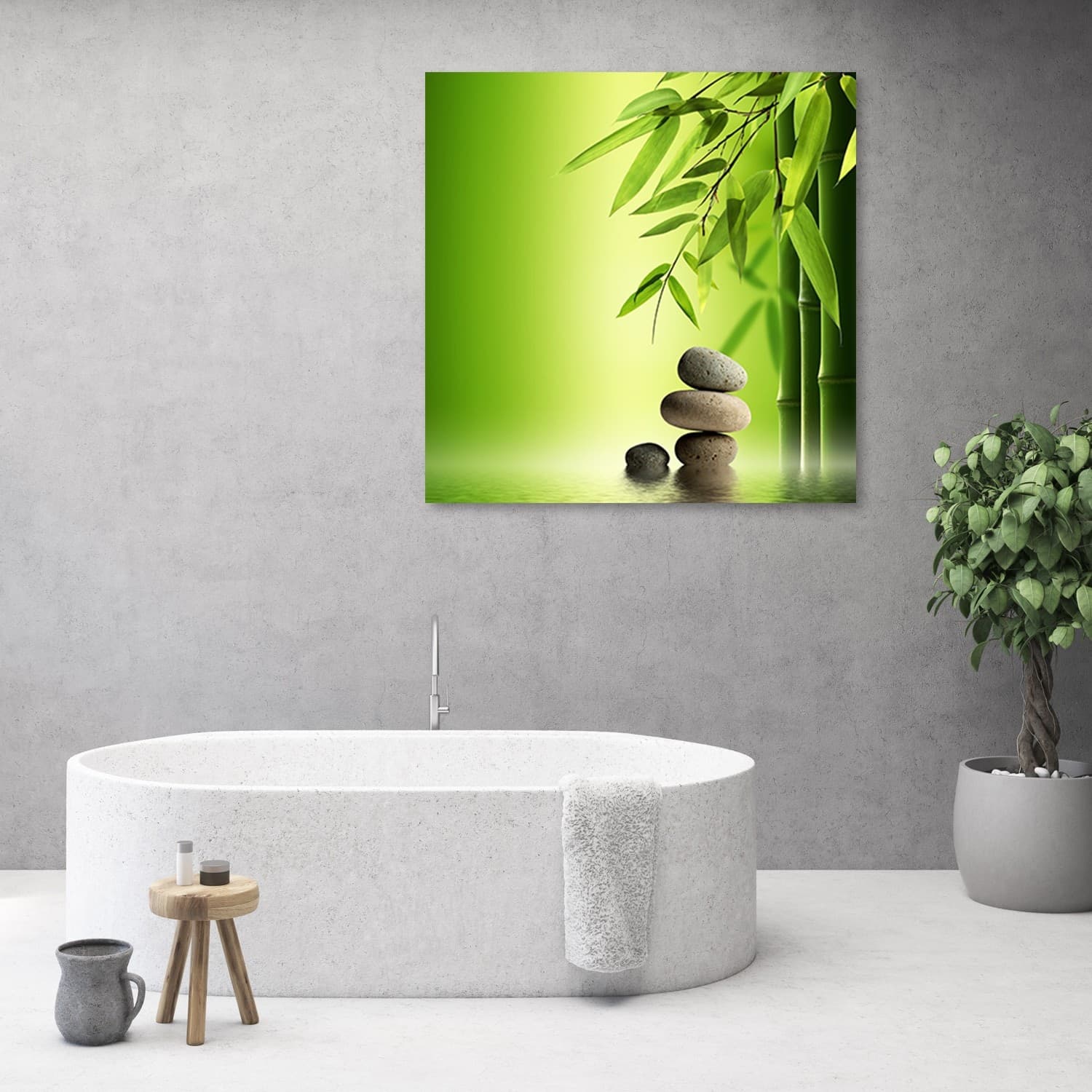 Quadro su tela, Zen e pietre di bambù su uno sfondo verde in Poster e stampe Collezione Casa - Trebisacce, commercioVirtuoso.it