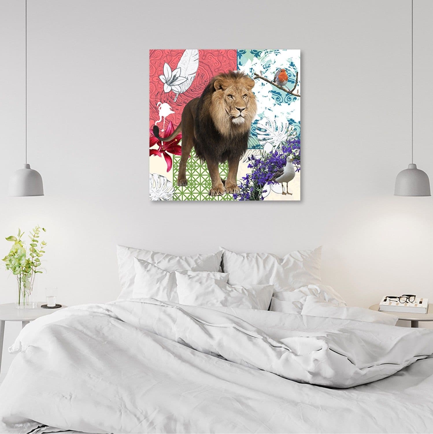 Quadro su tela, Collage di leone e uccelli in Poster e stampe Collezione Casa - Trebisacce, commercioVirtuoso.it