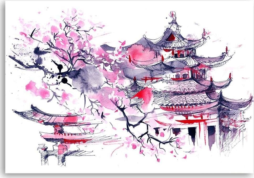 Quadro su tela, Pagoda Ciliegio Giappone dipinto in Poster e stampe Collezione Casa - Trebisacce, commercioVirtuoso.it