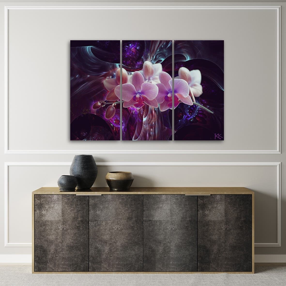 Quadro su tela 3 pannelli, Orchidea bianca su uno sfondo scuro in Poster e stampe Collezione Casa - Trebisacce, commercioVirtuoso.it