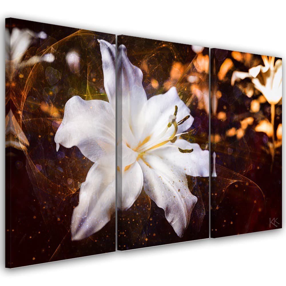 Quadro su tela 3 pannelli, Lily bianco su uno sfondo marrone in Poster e stampe Collezione Casa - Trebisacce, commercioVirtuoso.it