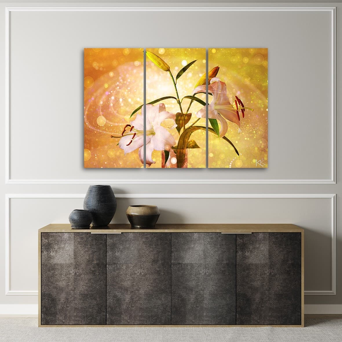 Quadro su tela 3 pannelli, Lily su uno sfondo giallo in Poster e stampe Collezione Casa - Trebisacce, commercioVirtuoso.it