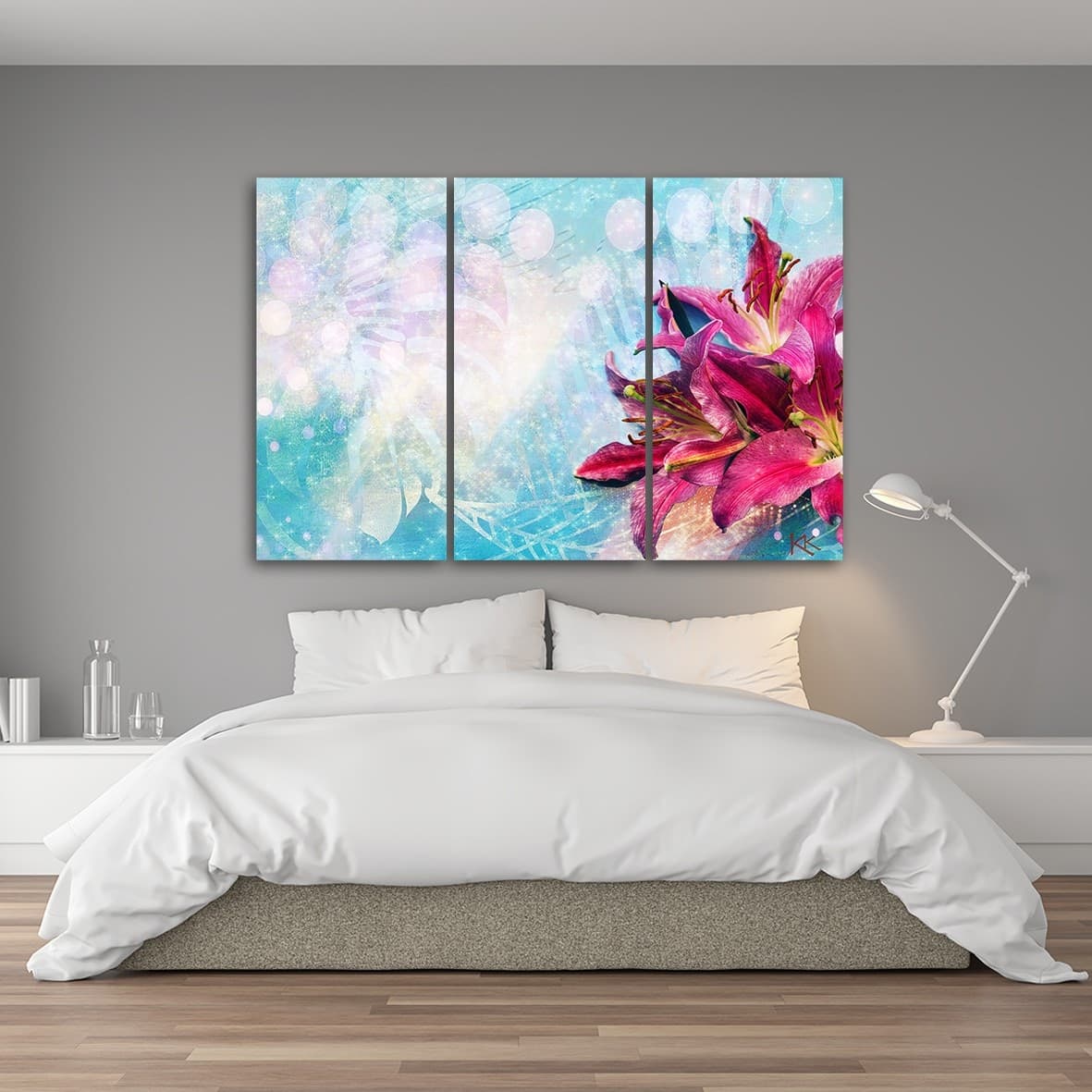 Quadro su tela 3 pannelli, Fiori rosa su uno sfondo blu in Poster e stampe Collezione Casa - Trebisacce, commercioVirtuoso.it