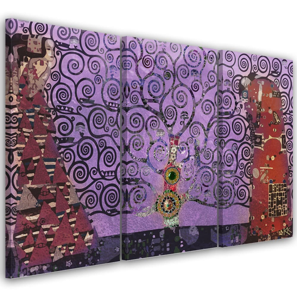Quadro su tela 3 pannelli, Astrazione viola dell'albero della vita