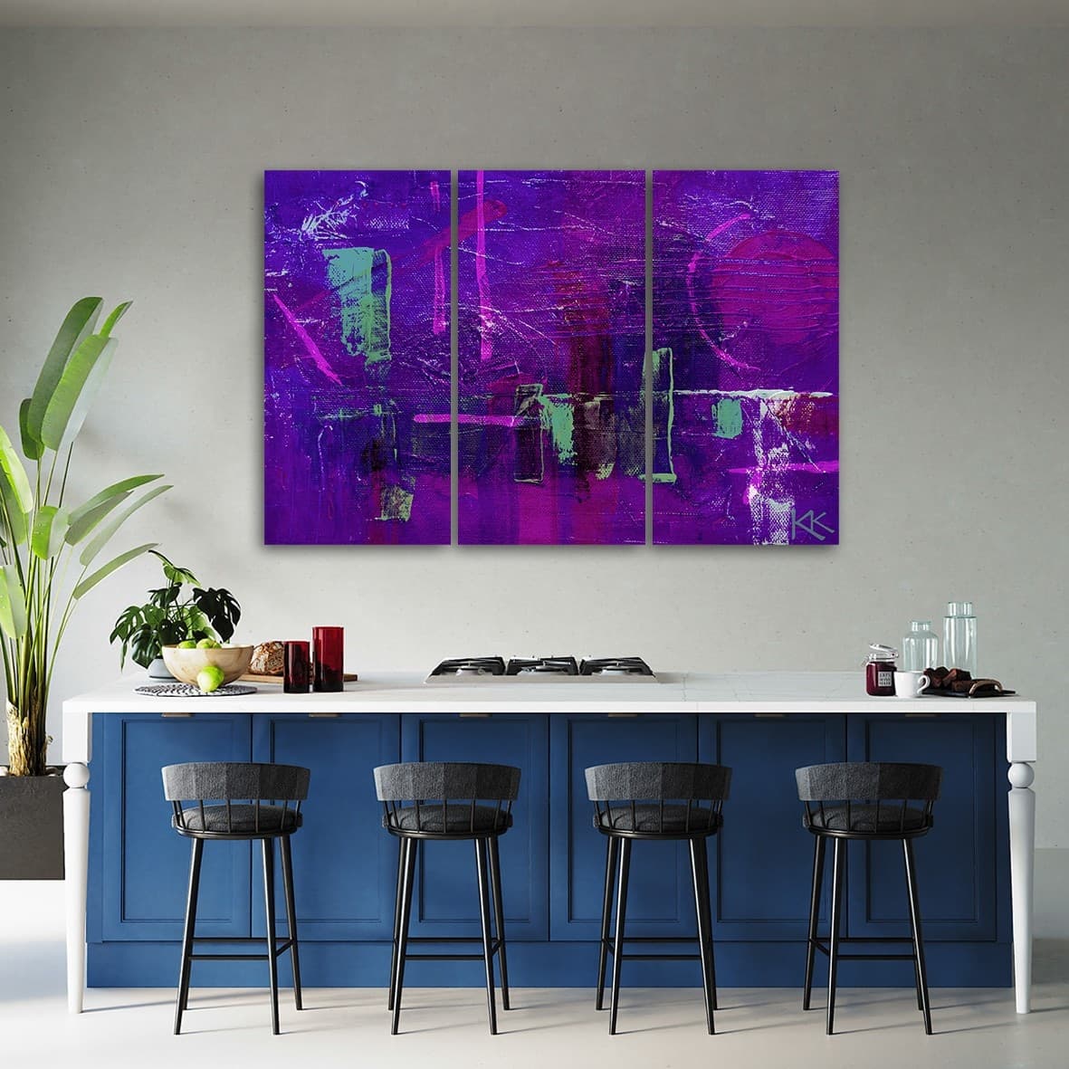 Quadro su tela 3 pannelli, Astrazione dipinta a mano viola in Dipinti Collezione Casa - Trebisacce, commercioVirtuoso.it