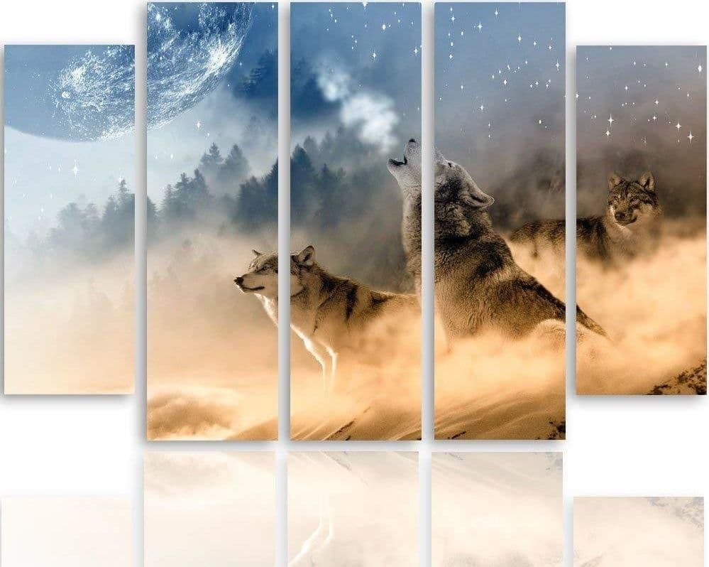Quadro su tela 5 pannelli Lupi foresta nebbiosa natura in Poster e stampe Collezione Casa - Trebisacce, commercioVirtuoso.it