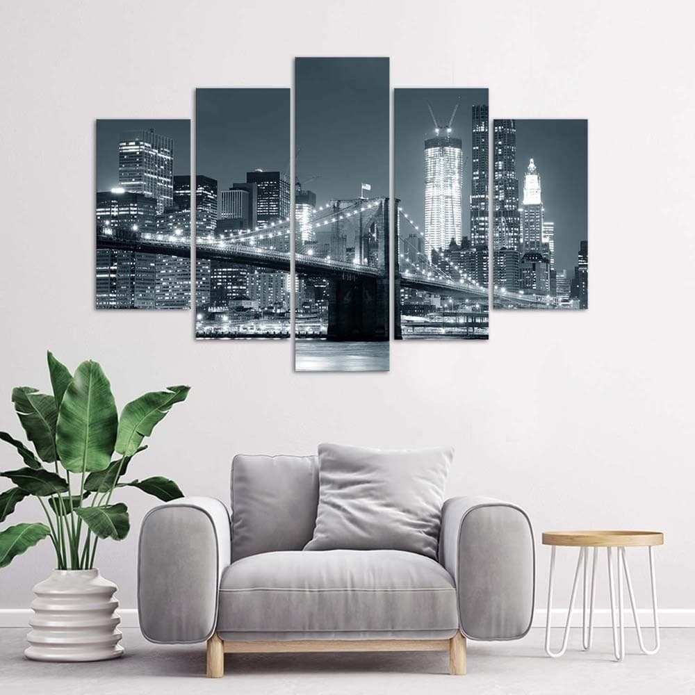 Quadro su tela 5 pannelli Ponte di New York in bianco e nero in Poster e stampe Collezione Casa - Trebisacce, commercioVirtuoso.it