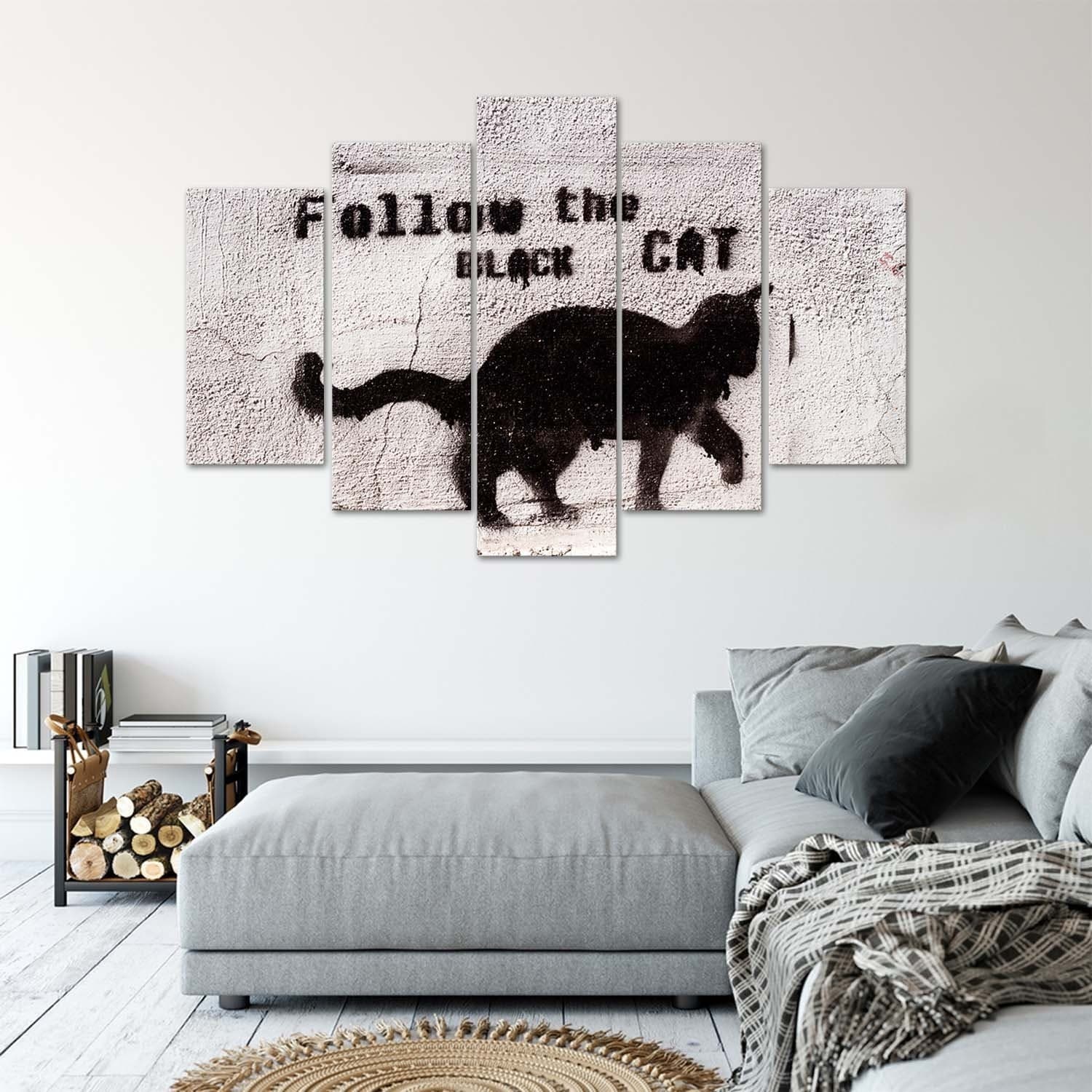 Quadro su tela 5 pannelli Gatto nero texture cemento in Poster e stampe Collezione Casa - Trebisacce, commercioVirtuoso.it