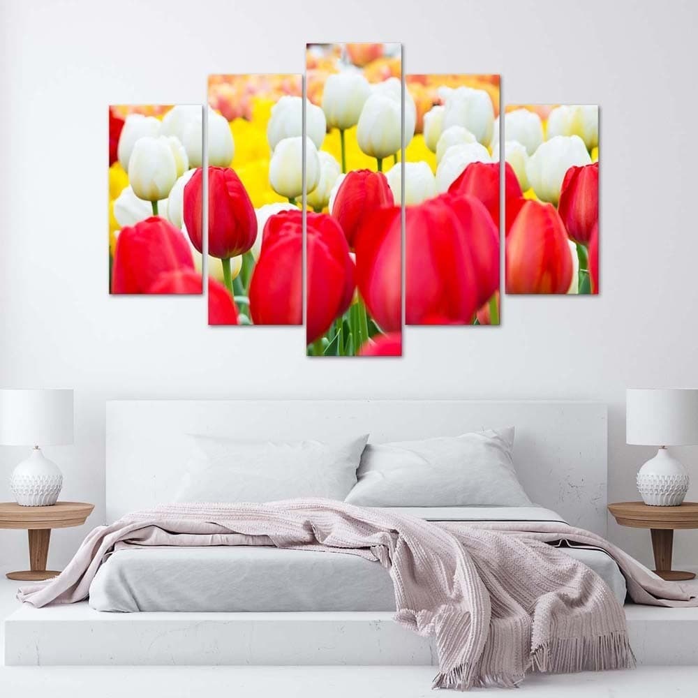 Quadro su tela 5 pannelli Tulipano rosso bianco in Poster e stampe Collezione Casa - Trebisacce, commercioVirtuoso.it