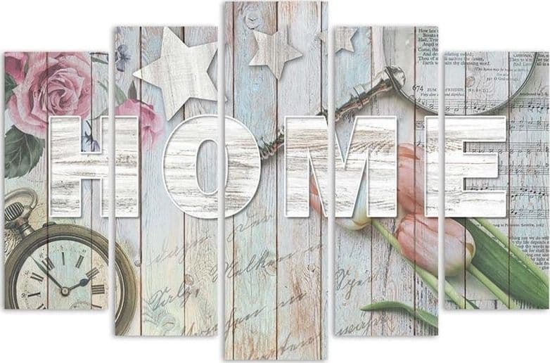 Quadro su tela 5 pannelli Home Iscrizione Legno Fiori in Poster e stampe Collezione Casa - Trebisacce, commercioVirtuoso.it