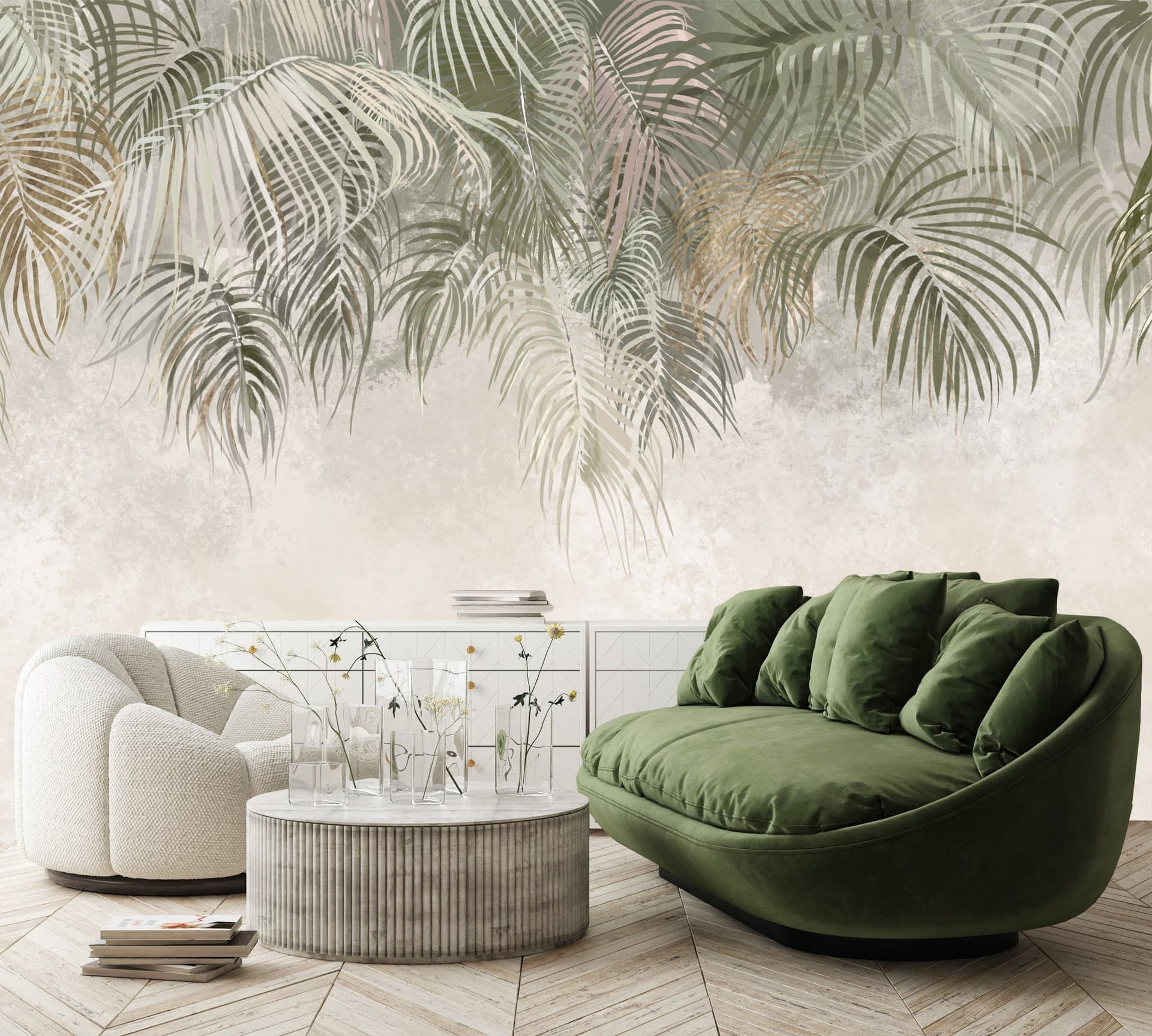 Carta Da Parati, Foglie di palma sospese Verde Beige Marrone in Carta da parati Collezione Casa - Trebisacce, commercioVirtuoso.it