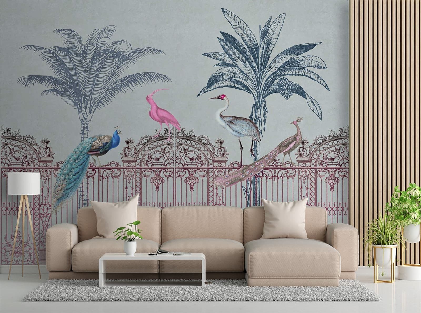 Carta Da Parati, Palme uccelli su un cancello rosa in Carta da parati Collezione Casa - Trebisacce, commercioVirtuoso.it