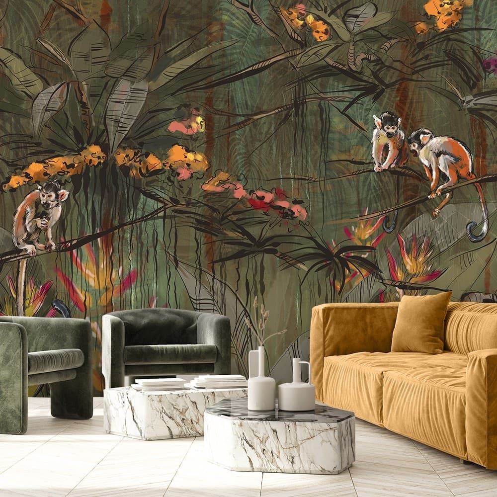Carta Da Parati, Scimmie nella giungla tropicale Marrone Arancione in Carta da parati Collezione Casa - Trebisacce, commercioVirtuoso.it