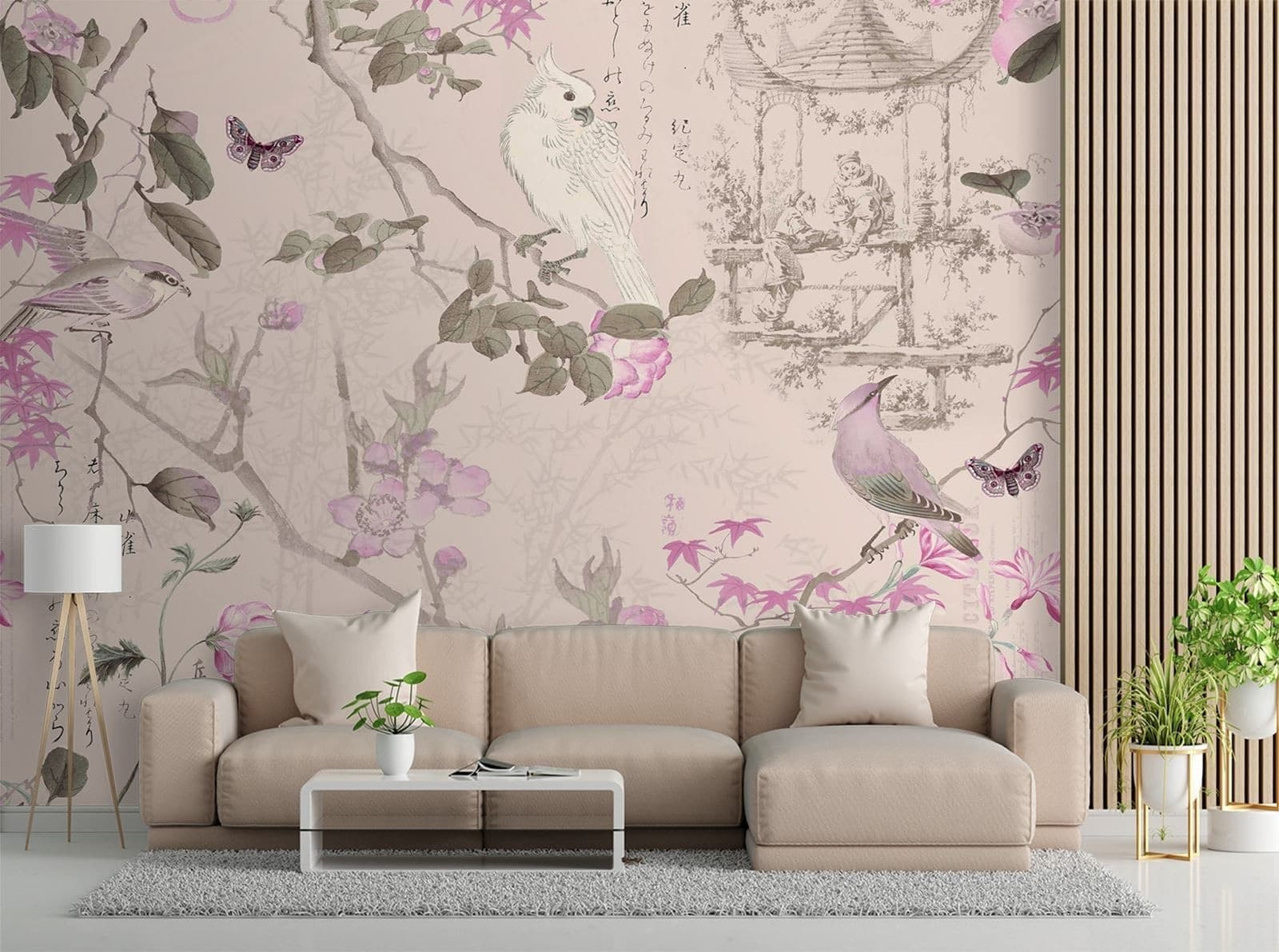 Carta Da Parati, Uccelli e fiori rosa Boho in Carta da parati Collezione Casa - Trebisacce, commercioVirtuoso.it