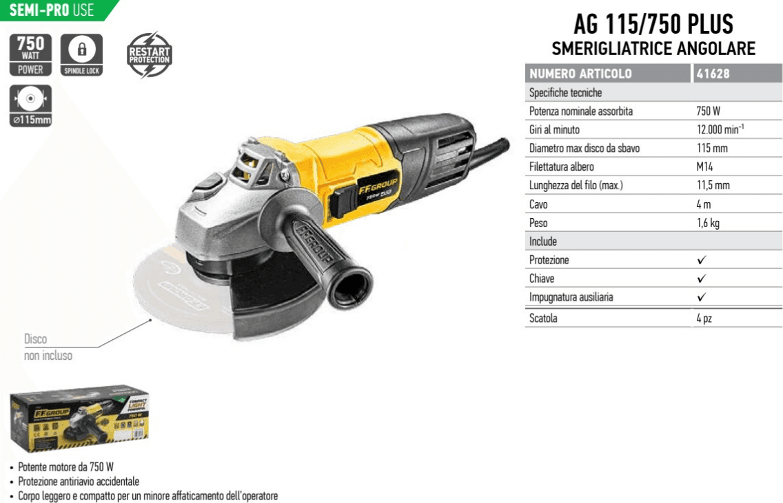 FF Group AG115/750 Plus smerigliatrice angolare da 750W - uso semi professionale in Smerigliatrici angolari Aloiserw.com - Altomonte, commercioVirtuoso.it
